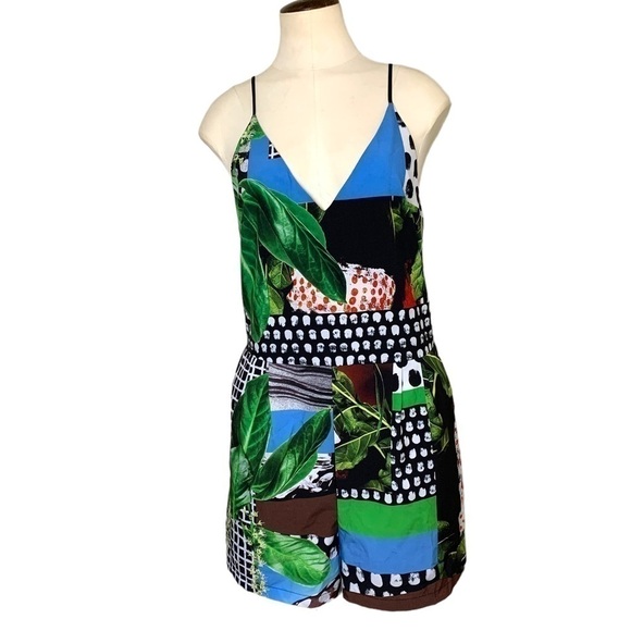 CLOVER Canyon Multi Media Colorful Tropical Print Flowy Shorts Romper V Neck L - Picture 2 of 11